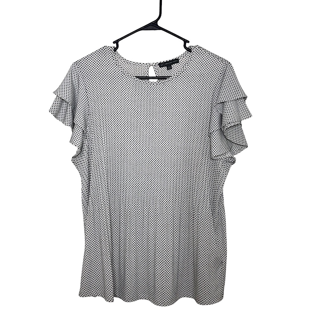 ADRIANNA PAPELL Stretchy Knit White Black Dot Print Flutter Sleeve Pleated Top L